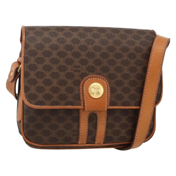 CELINE Macadam Canvas Circle Shoulder Bag PVC Leather Brown Gold Auth YKZ1117