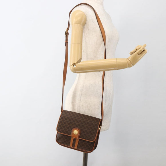 CELINE Macadam Canvas Circle Shoulder Bag PVC Leather Brown Gold Auth YKZ1117
