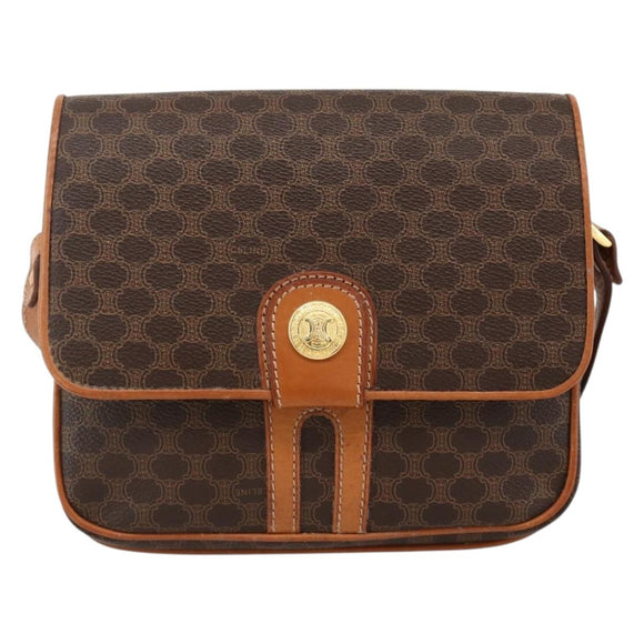 CELINE Macadam Canvas Circle Shoulder Bag PVC Leather Brown Gold Auth YKZ1117