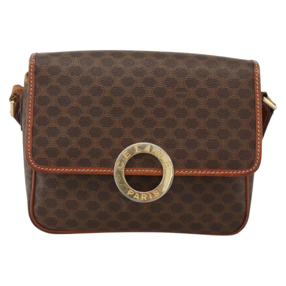 CELINE Macadam Canvas Circle Shoulder Bag PVC Leather Brown Gold Auth YKZ1118