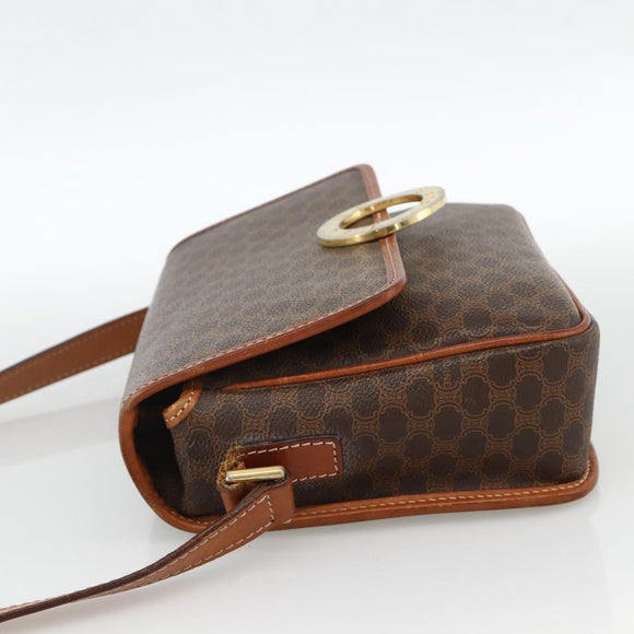 CELINE Macadam Canvas Circle Shoulder Bag PVC Leather Brown Gold Auth YKZ1118