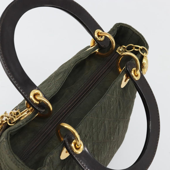 Christian Dior Lady Dior Hand Bag Nylon Khaki Gold Auth YKZ1121