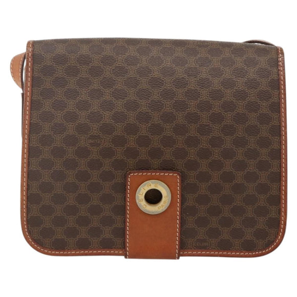 CELINE Macadam Canvas Circle Shoulder Bag PVC Leather Brown Gold Auth YKZ1134
