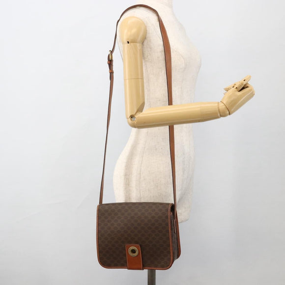 CELINE Macadam Canvas Circle Shoulder Bag PVC Leather Brown Gold Auth YKZ1134