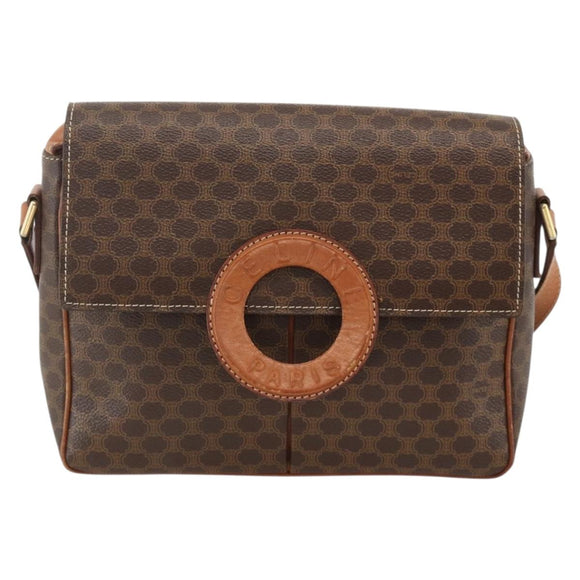 CELINE Macadam Canvas Circle Shoulder Bag PVC Leather Brown Gold Auth YKZ1143