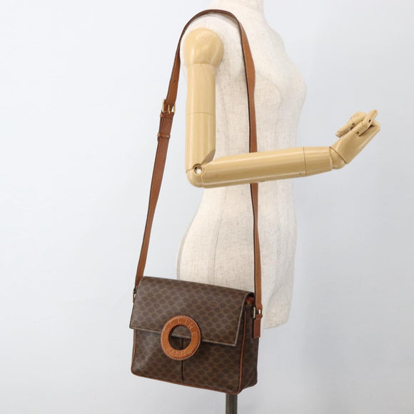 CELINE Macadam Canvas Circle Shoulder Bag PVC Leather Brown Gold Auth YKZ1143
