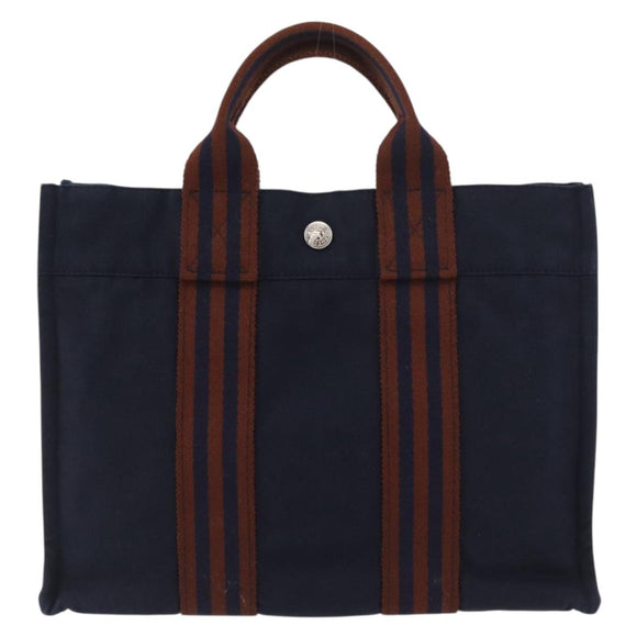 HERMES Fourre Tout PM Tote Bag Canvas Navy Silver Auth YKZ1144A