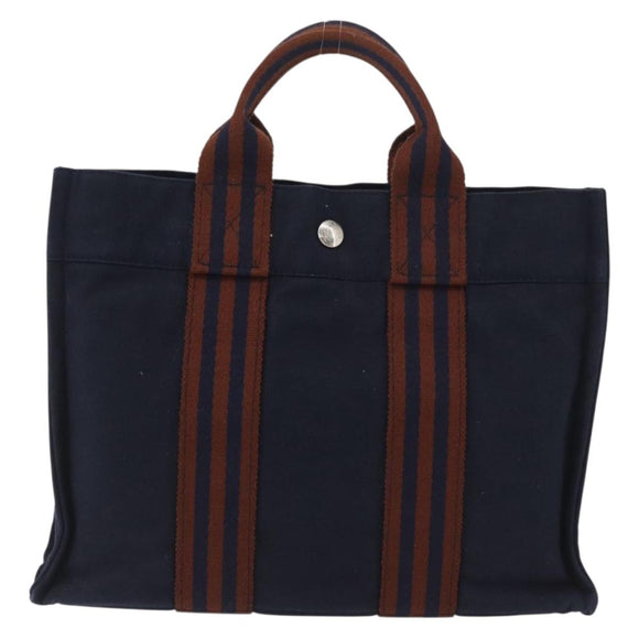 HERMES Fourre Tout PM Tote Bag Canvas Navy Silver Auth YKZ1144A
