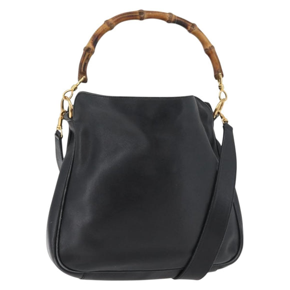 GUCCI Bamboo Hand Bag Leather 2way Black Gold Auth YKZ1153
