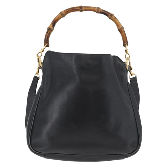 GUCCI Bamboo Hand Bag Leather 2way Black Gold Auth YKZ1153