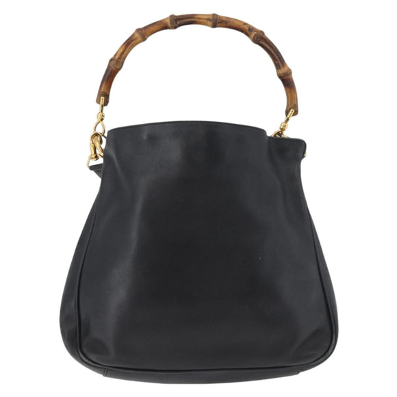 GUCCI Bamboo Hand Bag Leather 2way Black Gold Auth YKZ1153
