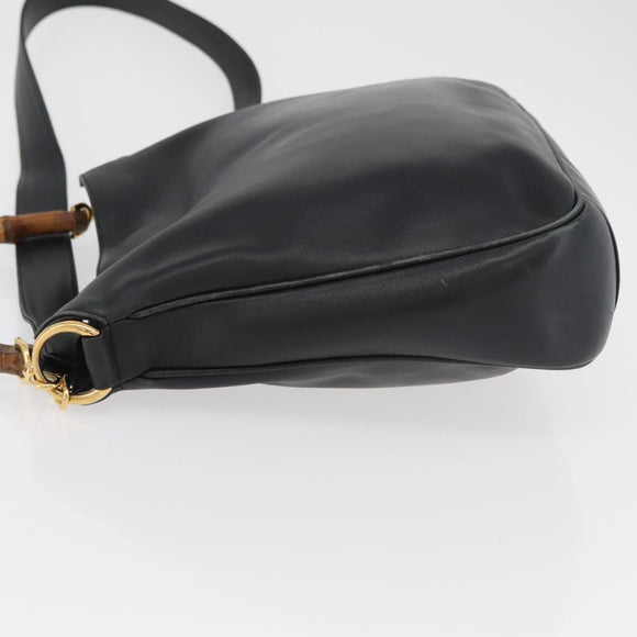 GUCCI Bamboo Hand Bag Leather 2way Black Gold Auth YKZ1153