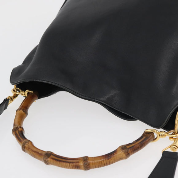 GUCCI Bamboo Hand Bag Leather 2way Black Gold Auth YKZ1153