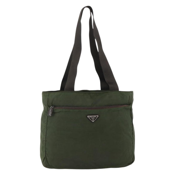 PRADA Tote Bag Nylon Khaki Silver Auth YKZ1160