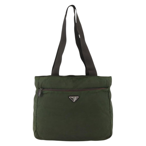 PRADA Tote Bag Nylon Khaki Silver Auth YKZ1160