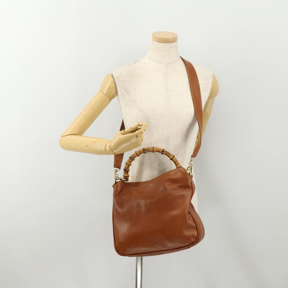 GUCCI Bamboo Shoulder Bag Leather 2way Brown Silver 001 1638 Auth YKZ1161