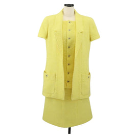 CHANEL Jacket Skirt Setup Wool Yellow CC Auth YKZ1185SAV