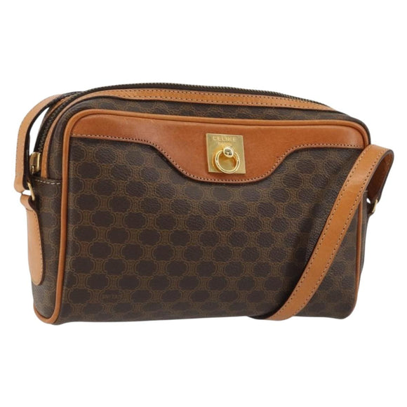 CELINE Macadam Canvas Shoulder Bag PVC Leather Brown Gold Auth YKZ1219