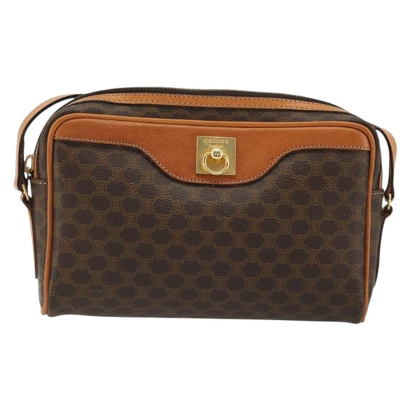 CELINE Macadam Canvas Shoulder Bag PVC Leather Brown Gold Auth YKZ1219