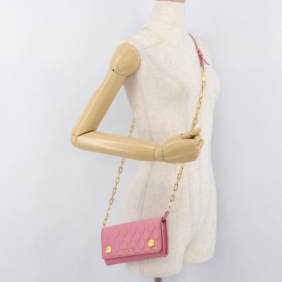 Miu Miu Chain Shoulder Wallet Leather Pink Gold Auth YKZ1230A