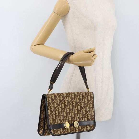 Christian Dior Trotter Canvas Shoulder Bag Beige Gold Auth YKZ1238A