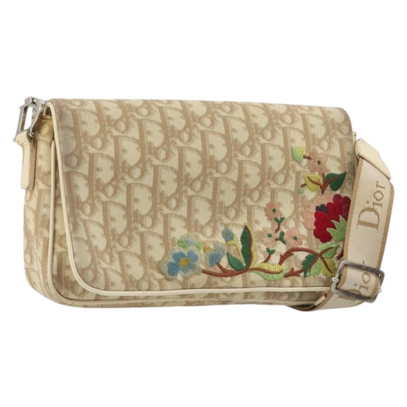 Christian Dior Trotter Canvas Shoulder Bag PVC Beige Silver Auth YKZ1249A