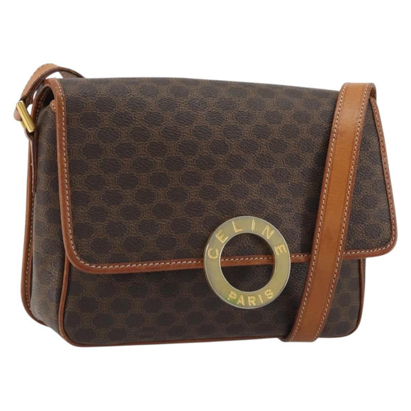 CELINE Macadam Canvas Circle Shoulder Bag PVC Leather Brown Gold Auth YKZ1254A