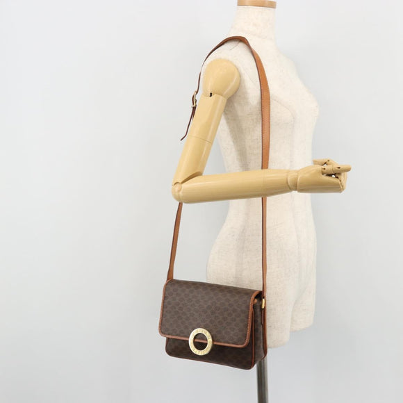 CELINE Macadam Canvas Circle Shoulder Bag PVC Leather Brown Gold Auth YKZ1254A