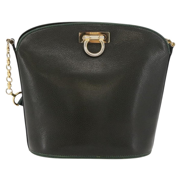 BALLY Shoulder Bag Leather Green Gold Auth YKZ1255