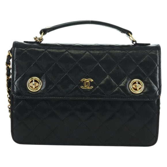 CHANEL Matelasse Double Turn Lock Chain Bag Lamb Skin 2way CC Auth YKZ1263SV