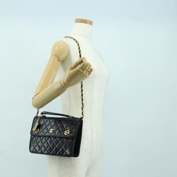 CHANEL Matelasse Double Turn Lock Chain Bag Lamb Skin 2way CC Auth YKZ1263SV