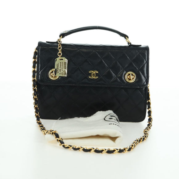 CHANEL Matelasse Double Turn Lock Chain Bag Lamb Skin 2way CC Auth YKZ1263SV