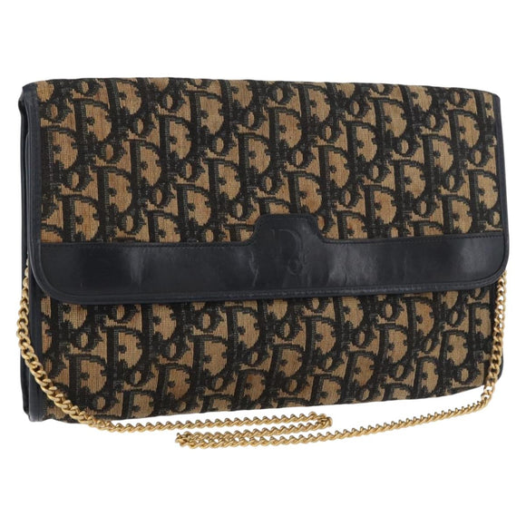 Christian Dior Trotter Canvas Chain Shoulder Bag Navy Gold Auth YKZ1289