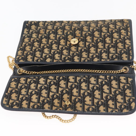 Christian Dior Trotter Canvas Chain Shoulder Bag Navy Gold Auth YKZ1289