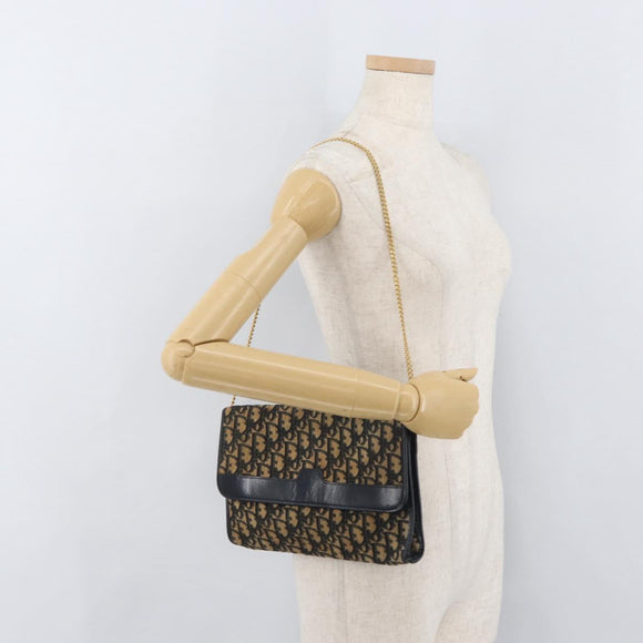 Christian Dior Trotter Canvas Chain Shoulder Bag Navy Gold Auth YKZ1289
