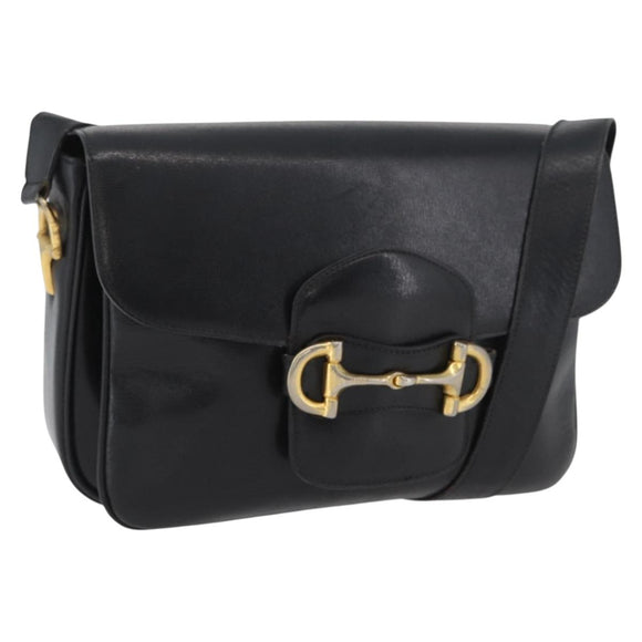 CELINE Shoulder Bag Leather Black Gold Auth YKZ129