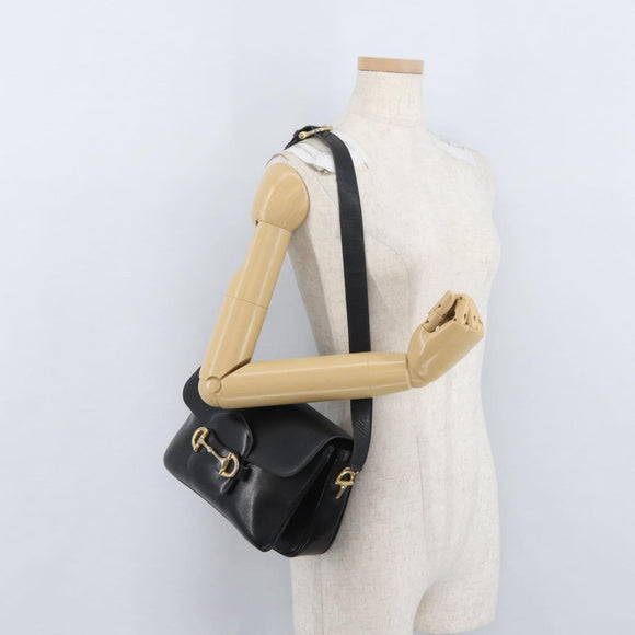 CELINE Shoulder Bag Leather Black Gold Auth YKZ129