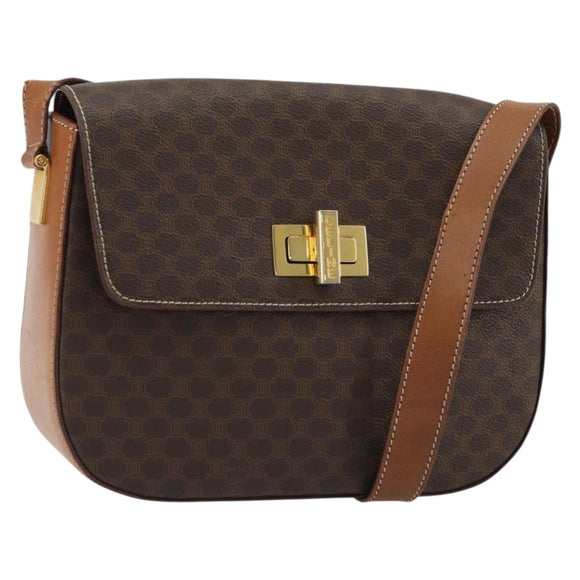 CELINE Macadam Canvas Shoulder Bag PVC Leather Brown Gold Auth YKZ1298