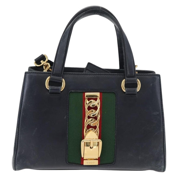 GUCCI Silvi Hand Bag Leather 2way Navy Gold 460381 Auth YKZ1323A