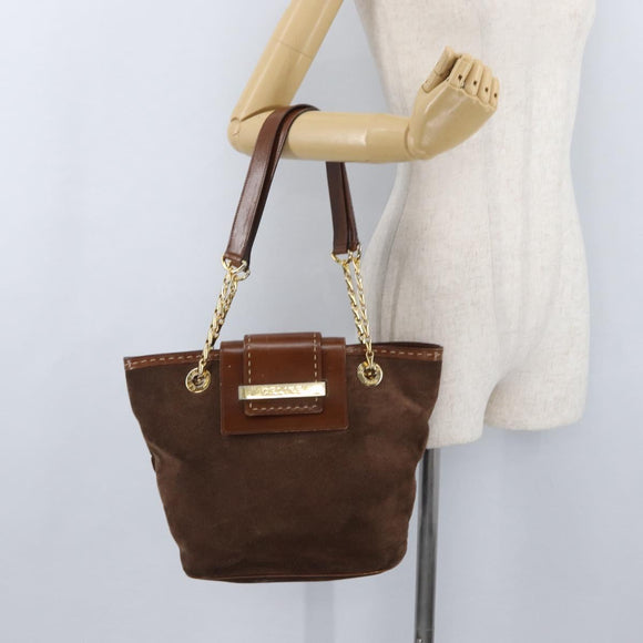 CELINE Chain Tote Bag Suede Brown Gold Auth YKZ133