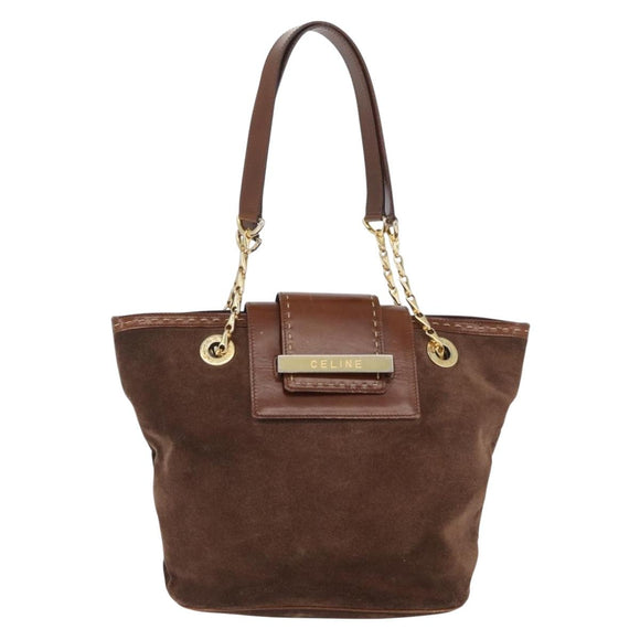 CELINE Chain Tote Bag Suede Brown Gold Auth YKZ133