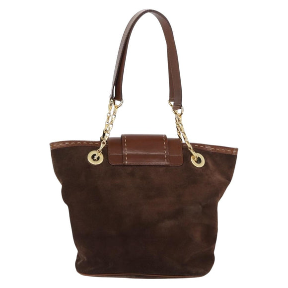 CELINE Chain Tote Bag Suede Brown Gold Auth YKZ133