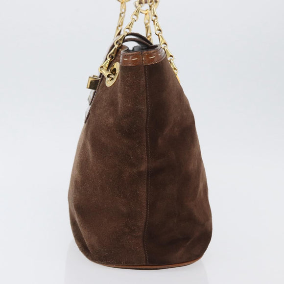 CELINE Chain Tote Bag Suede Brown Gold Auth YKZ133