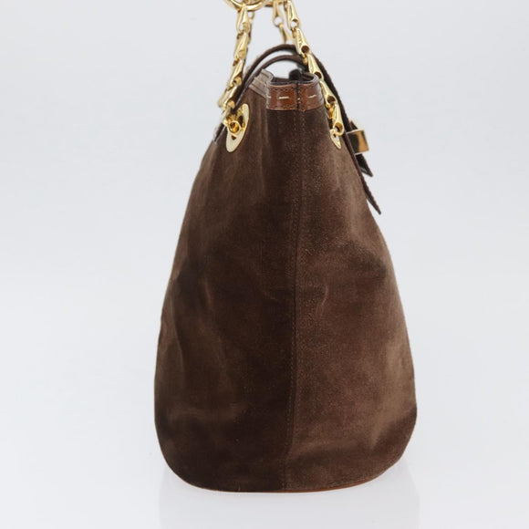 CELINE Chain Tote Bag Suede Brown Gold Auth YKZ133