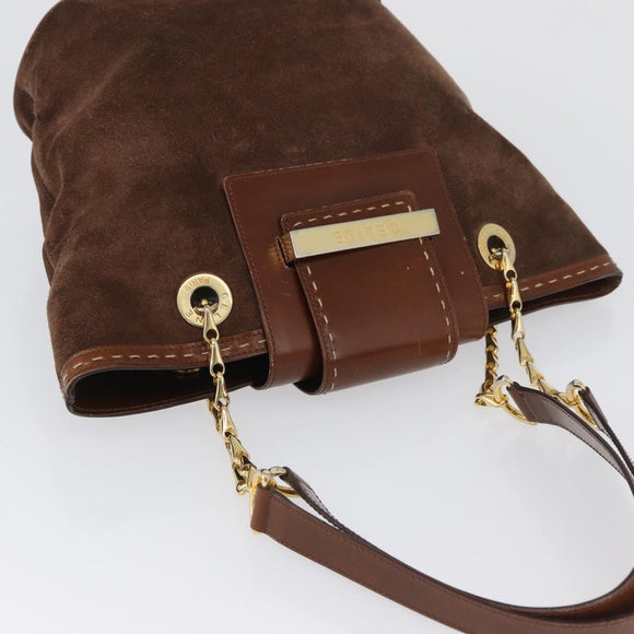 CELINE Chain Tote Bag Suede Brown Gold Auth YKZ133