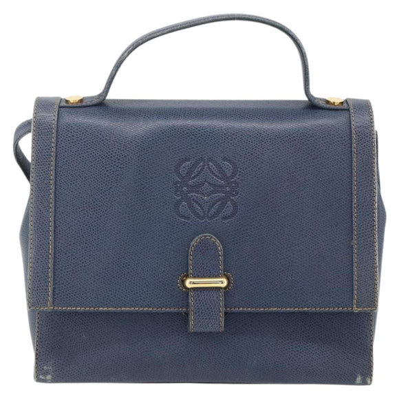 LOEWE Hand Bag Leather 2way Navy Gold Auth YKZ1337A