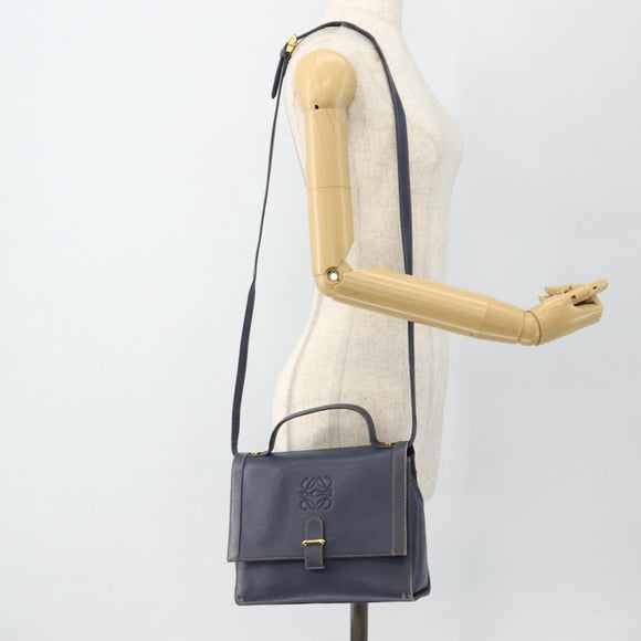 LOEWE Hand Bag Leather 2way Navy Gold Auth YKZ1337A