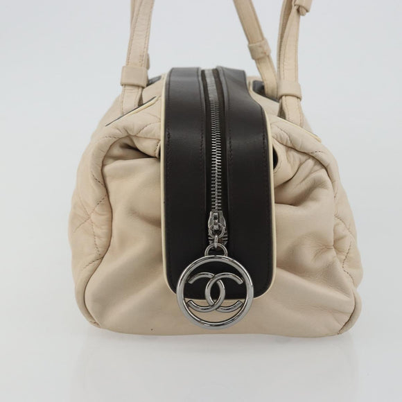 CHANEL Matelasse Boston Tasche Lammleder Elfenbein Silberfarbene CC Auth YKZ1338A