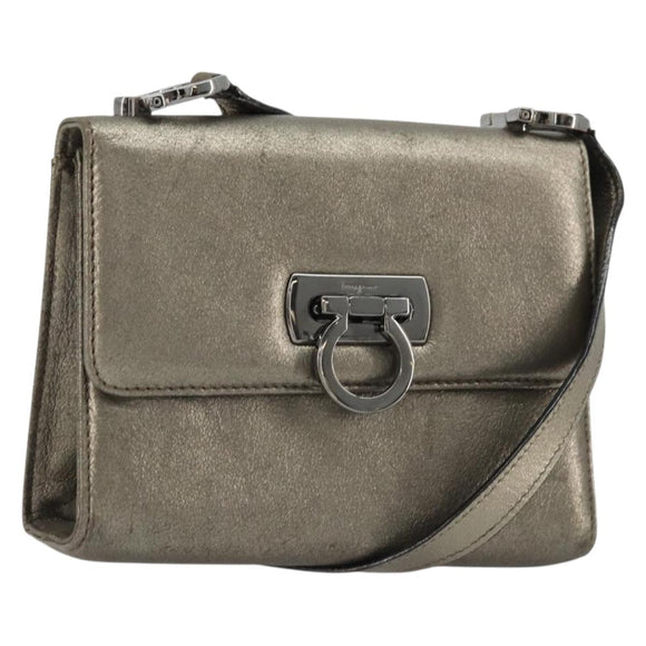 Salvatore Ferragamo Gancini Bag Leather Champagne Gold Silver Auth YKZ1352A