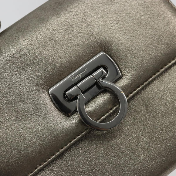 Salvatore Ferragamo Gancini Bag Leather Champagne Gold Silver Auth YKZ1352A